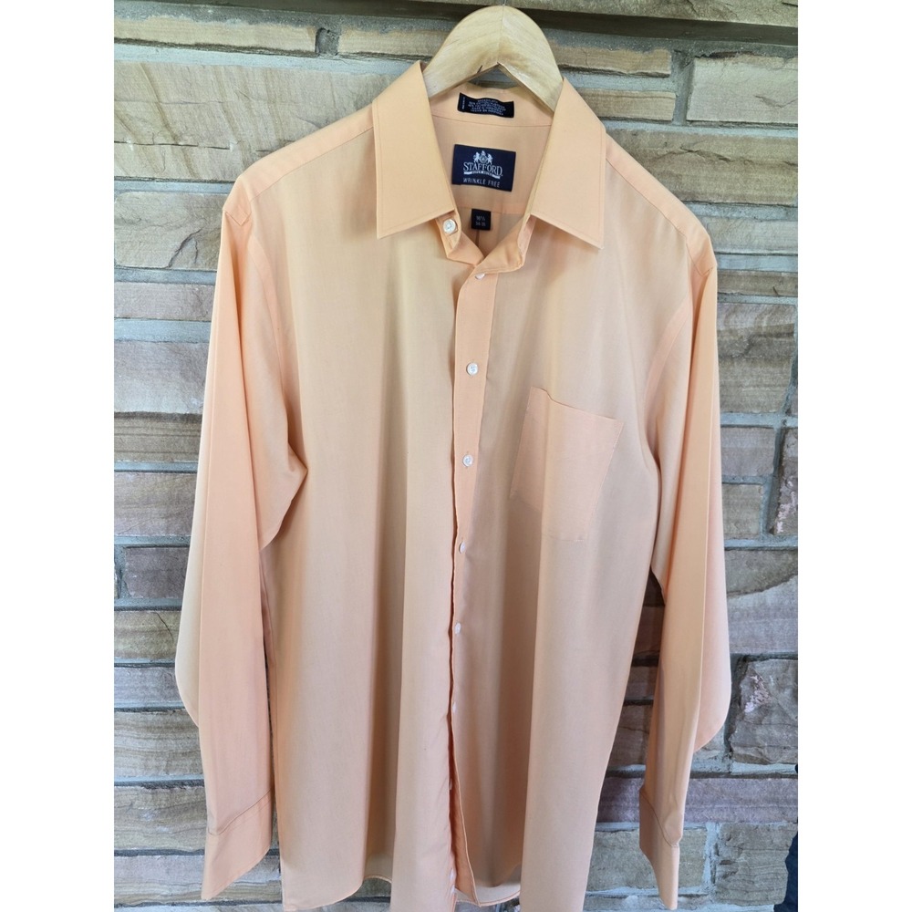 Stafford Wrinkle Free Dress Shirt 16.5 34-35 Peach Orange Broadcloth Mens Button
